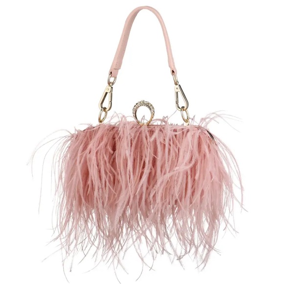 🌸 OSTRICH FEATHER ELITE CLASSY CLUTCH PURSE BAG DESIGNER ELITE PROM BEBE CHAIN - Picture 2 of 3